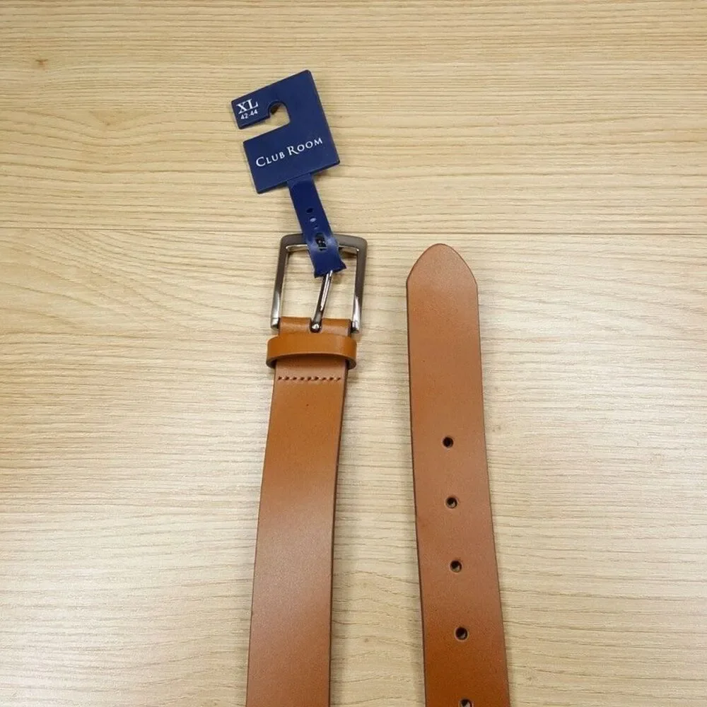 CLUB ROOM Belt Mens Size XL 42 44 Tan Faux Leather Silver Buckle Classic Dress